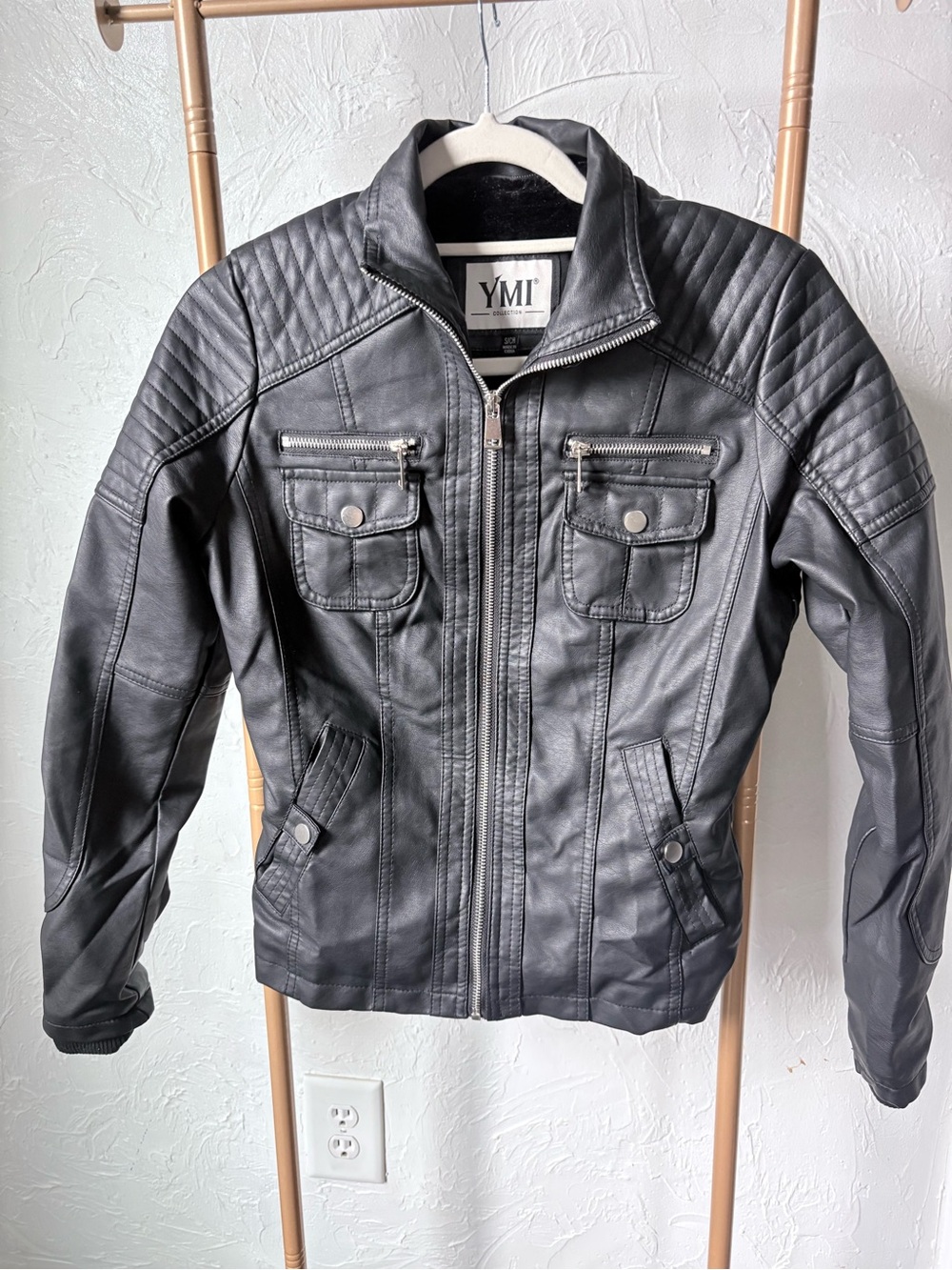 YMI Collection Faux Leather Moto Biker Jacket Fur Lined Black Size Small